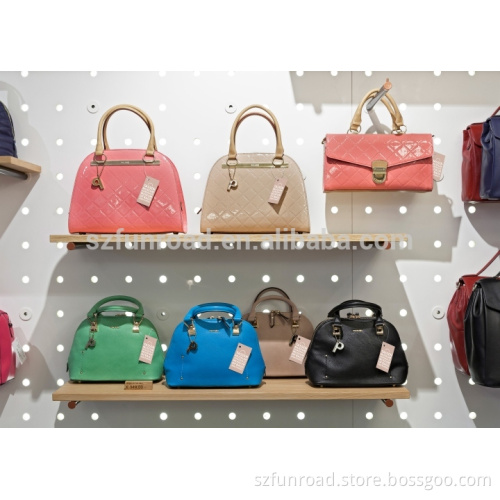 Free-standing MDF displays and wall-mounted wooden display shelves with wood grains